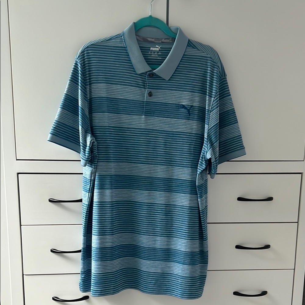 Puma Blue Striped Polo Shirt Sporty Casual